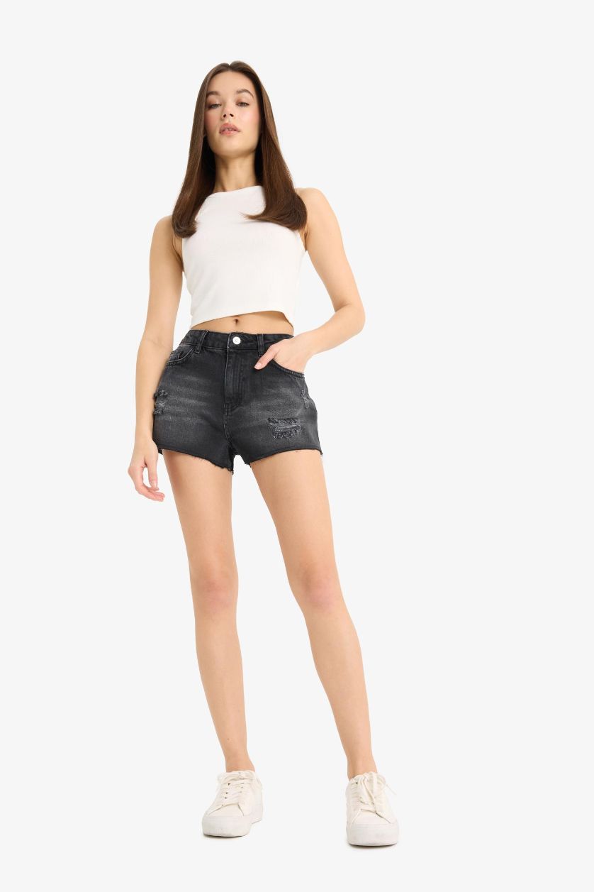 WOMAN Black High Waist Cut-Off Denim Shorts