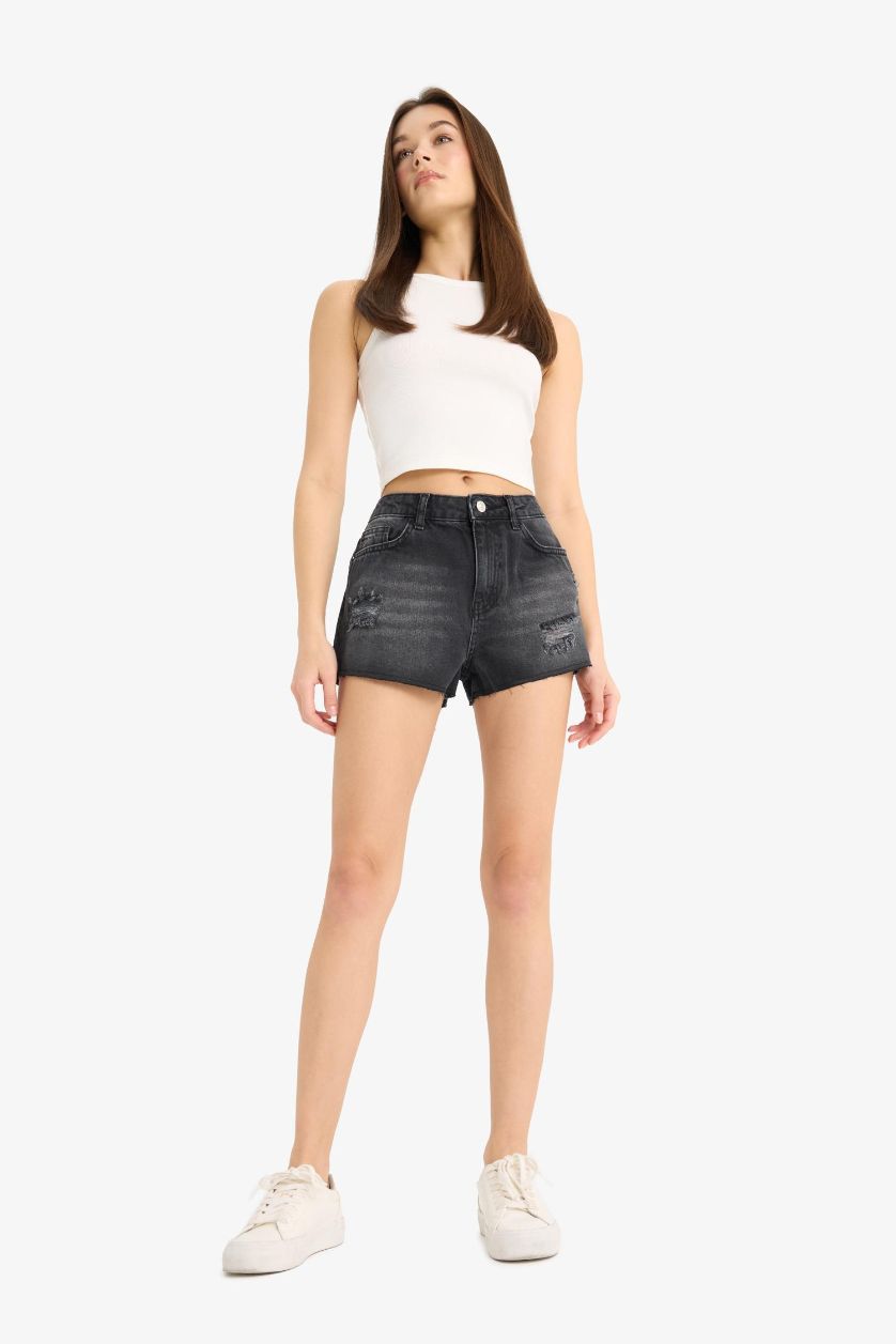WOMAN Black High Waist Cut-Off Denim Shorts
