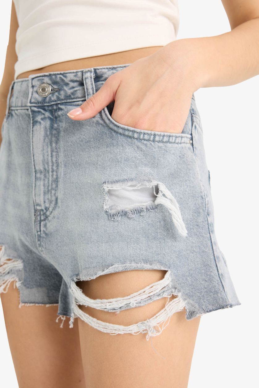 نساء رمادي شورت جينز بحافة ممزقة وخصر عالي