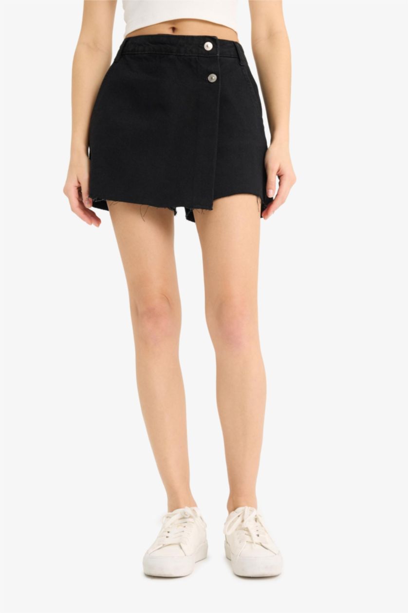 Kadın Siyah Yüksek Bel Cepli Mini Jean Şort Etek
