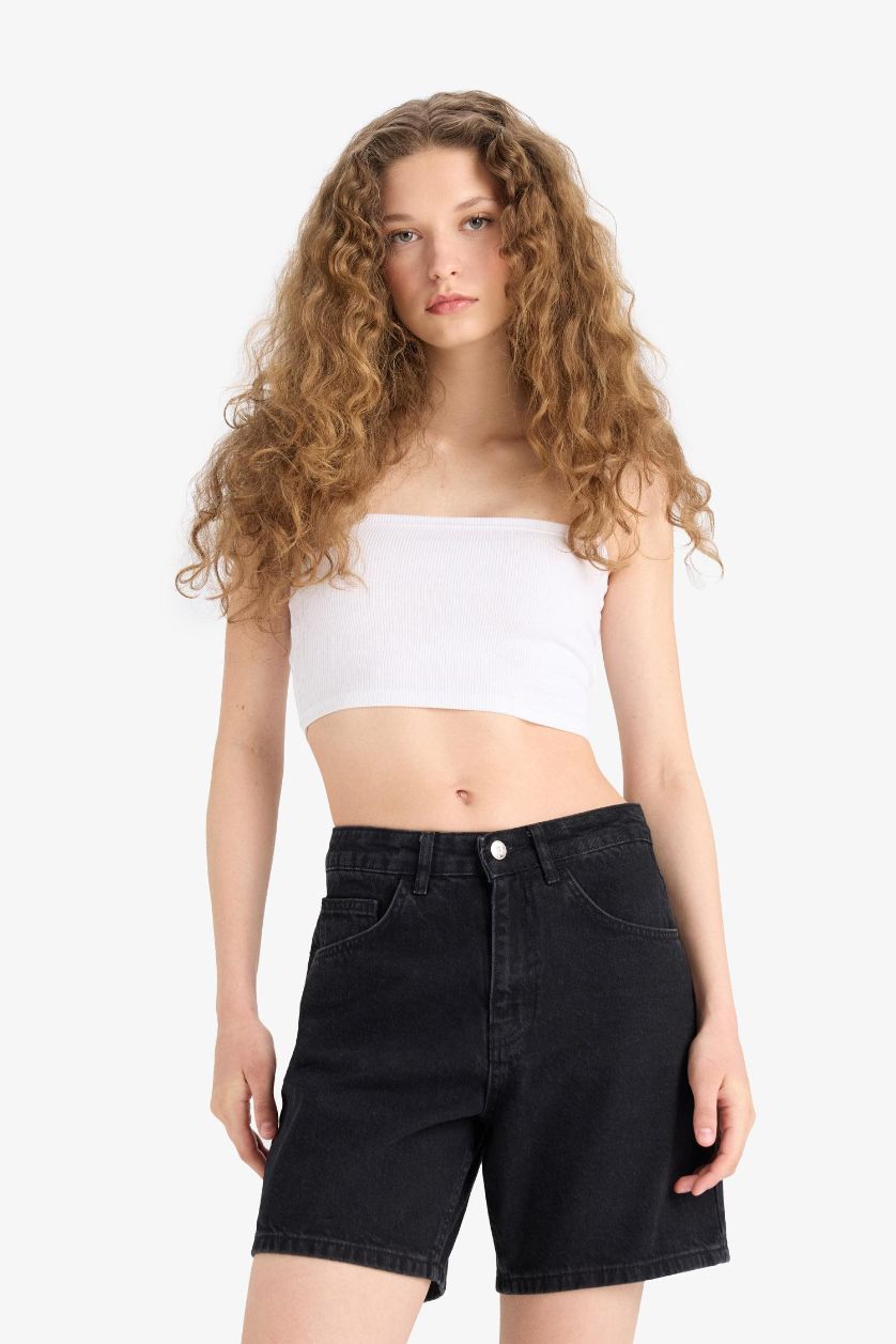WOMAN Black High Waist Denim Bermuda Shorts