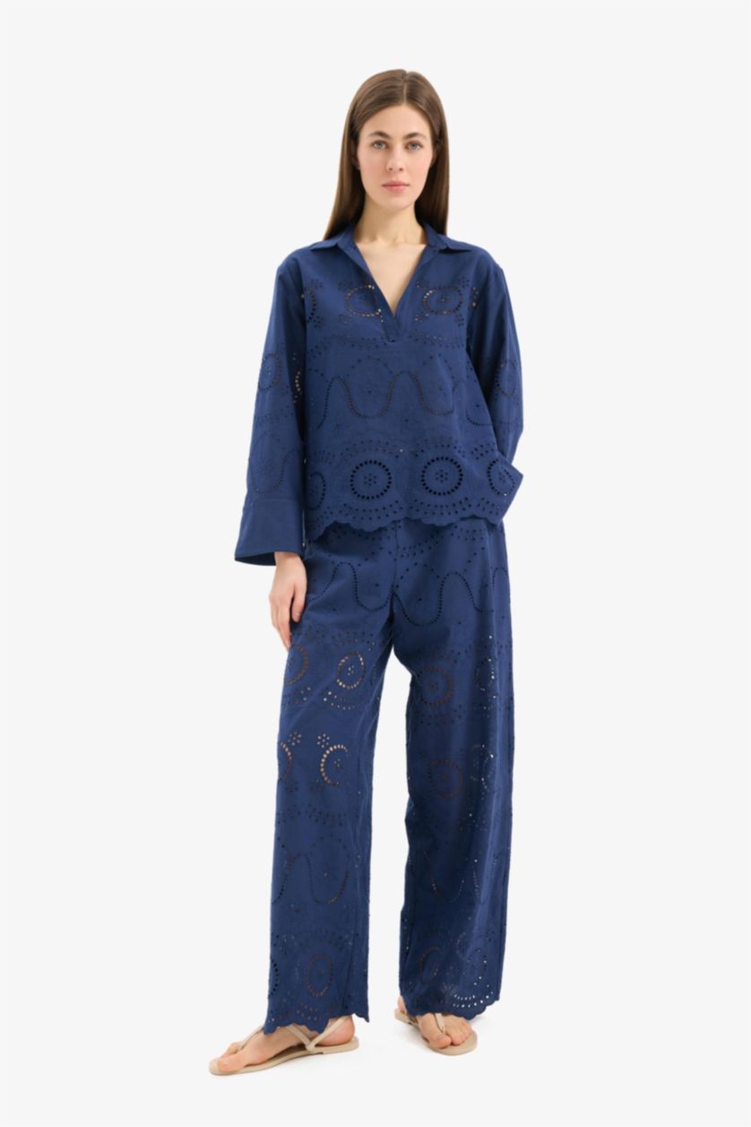 Kadın Lacivert Regular Fit Brode Plaj Pantolonu