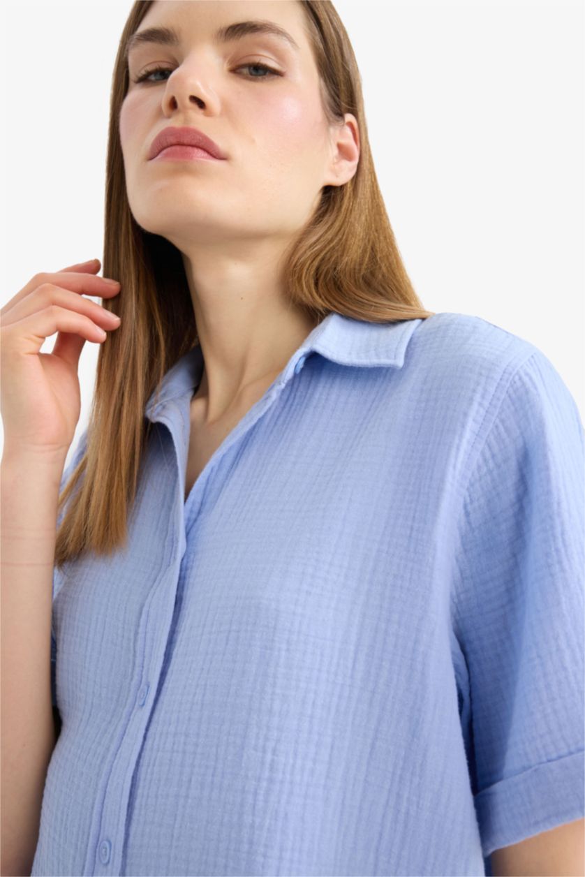 WOMAN Blue Regular Fit Shirt Collar Muslin Short Sleeve Shirt