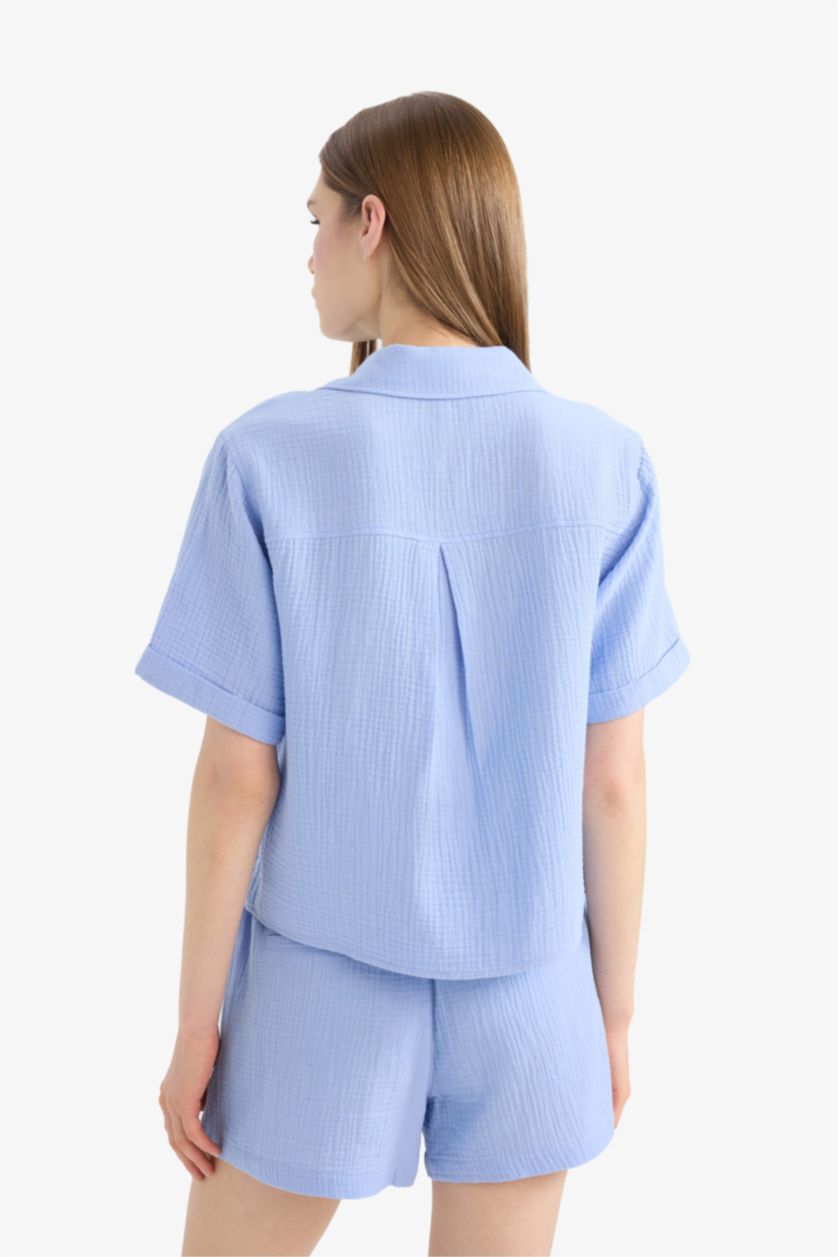 WOMAN Blue Regular Fit Shirt Collar Muslin Short Sleeve Shirt