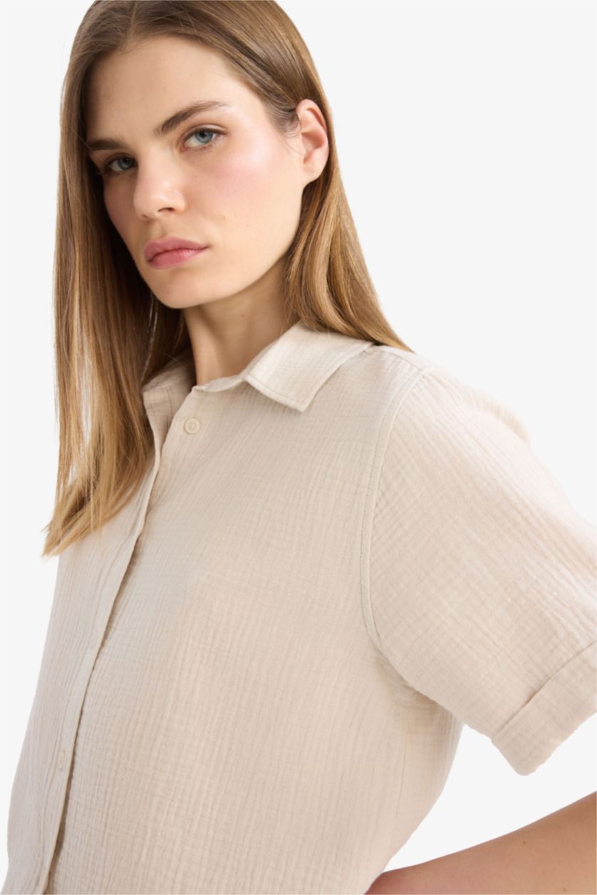 FEMME Beige Chemise en mousseline à manches courtes Coupe régulière