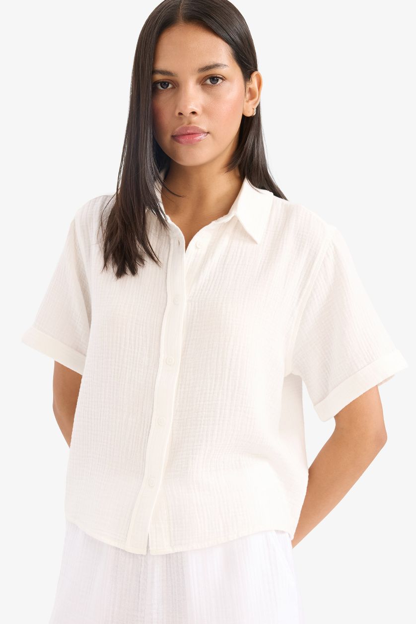 WOMAN White Regular Fit Shirt Collar Muslin Short Sleeve Shirt