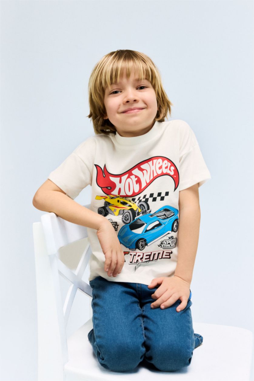 BABY BOY Ecru Baby Boy Hot Wheels Crew Neck Short Sleeve T-Shirt