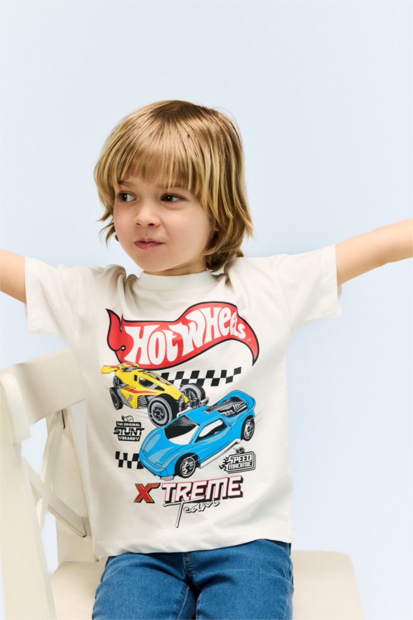 BABY BOY Ecru Baby Boy Hot Wheels Crew Neck Short Sleeve T-Shirt