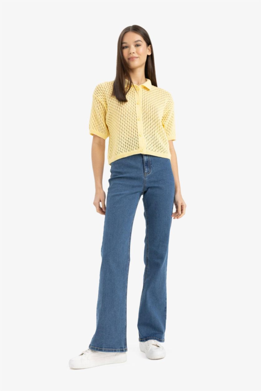 Woman Yellow Slim Fit Polo Collar Cardigan