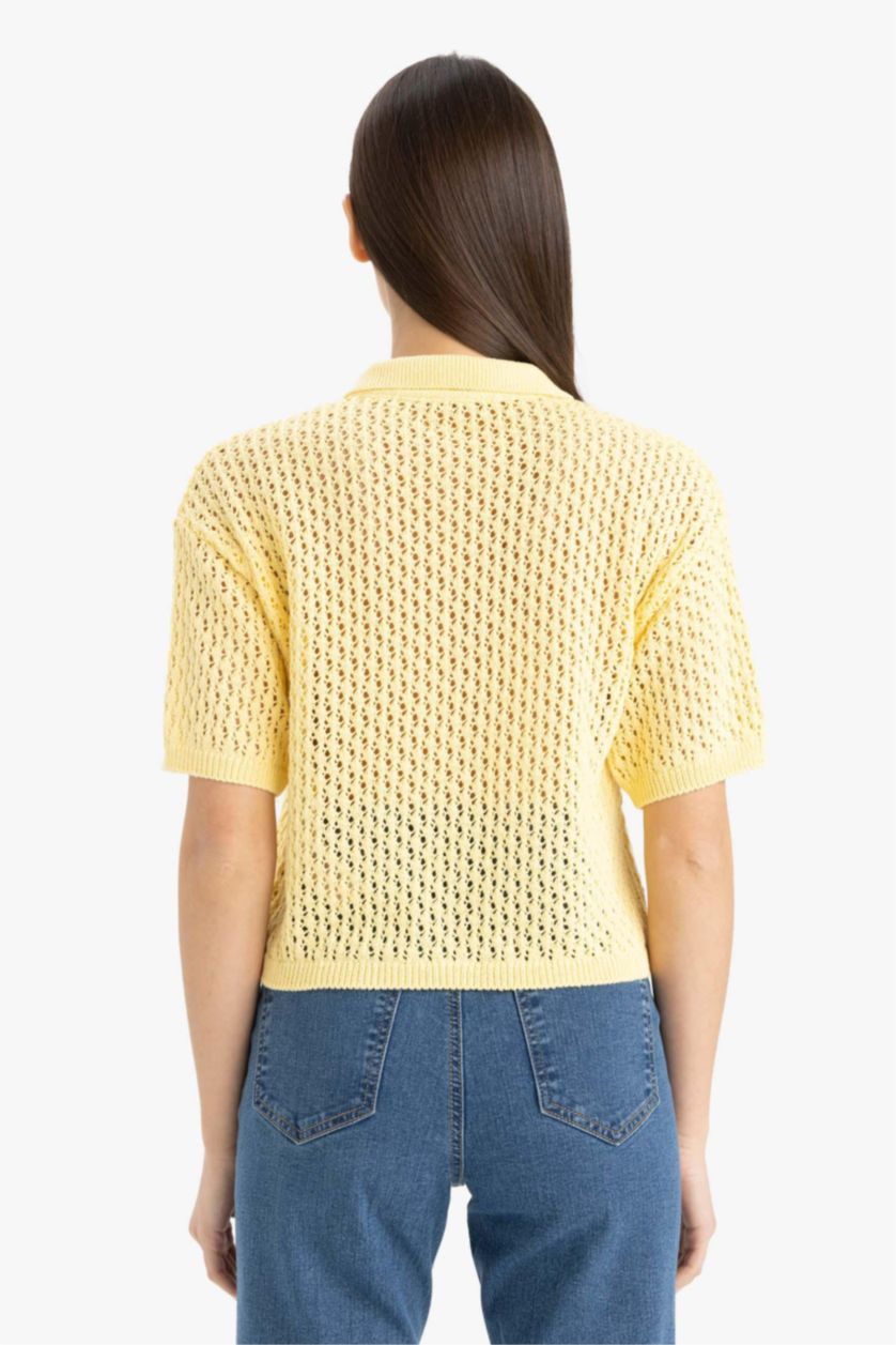 Woman Yellow Slim Fit Polo Collar Cardigan