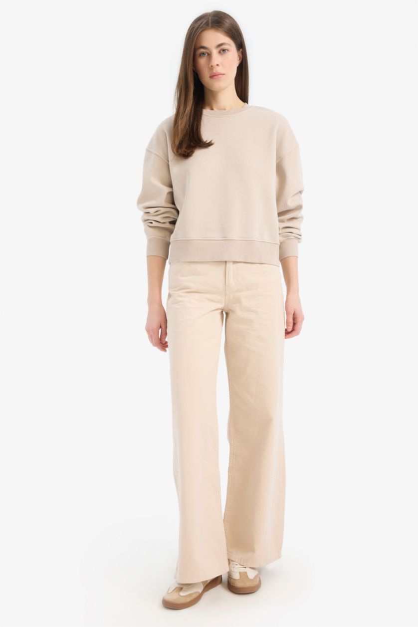 Woman Sand Boxy Fit Crew Neck Basic Thick Sweatshirt