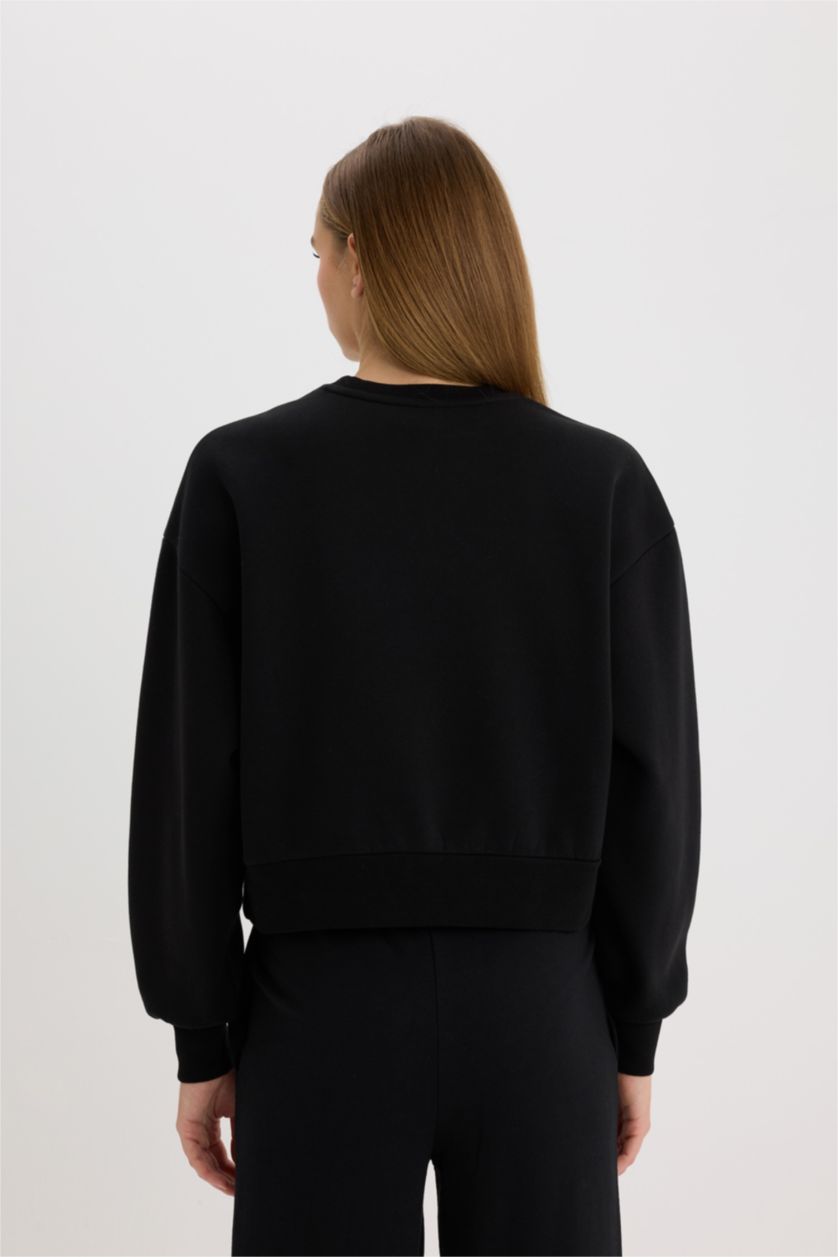 Woman Black Boxy Fit Crew Neck Basic Thick Sweatshirt