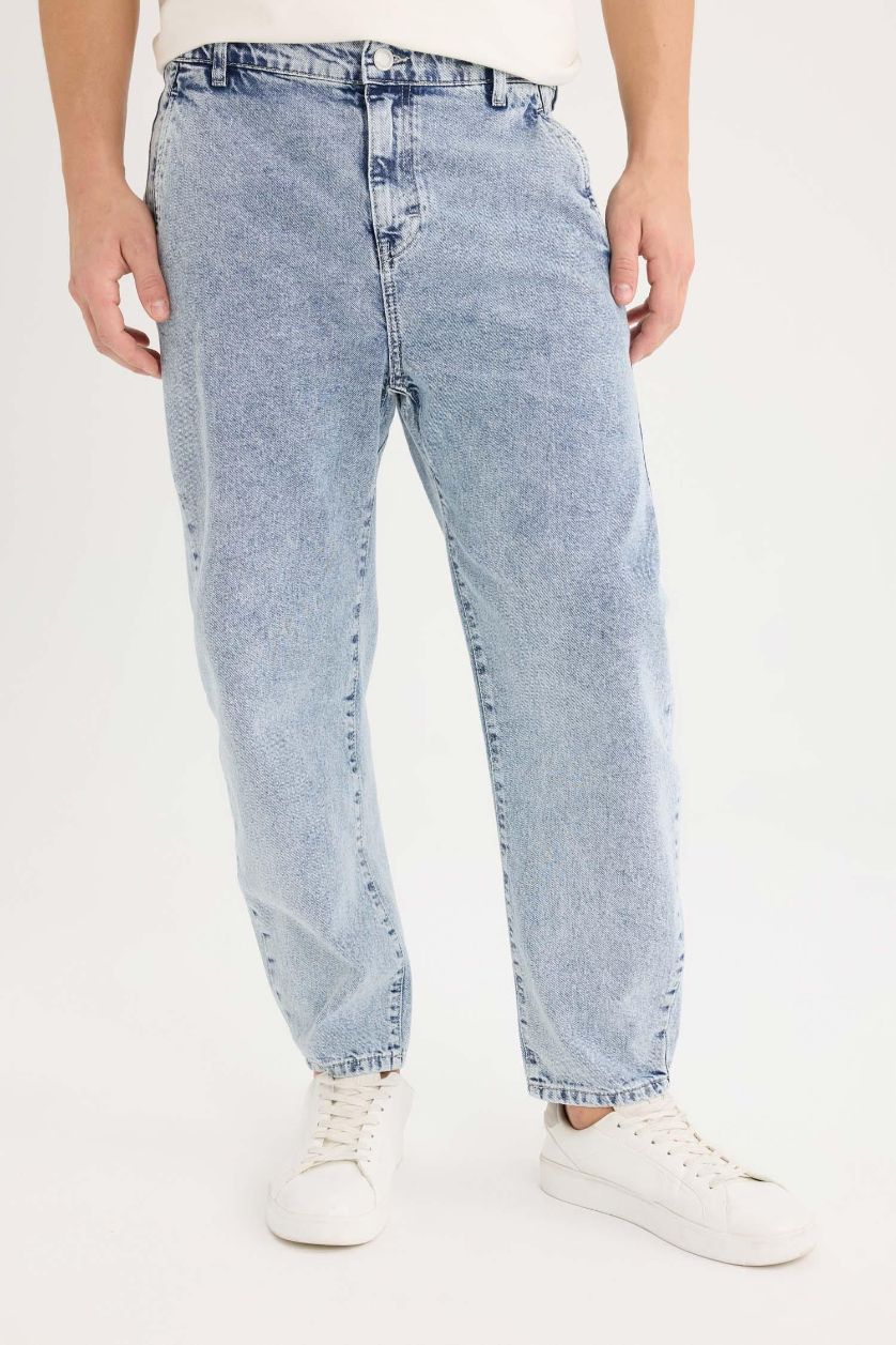 Erkek Açık Mavi %100 Pamuk Relaxed Slouchy Fit Rahat Kesim Geniş Paça Jean Yıkamalı Pantolon