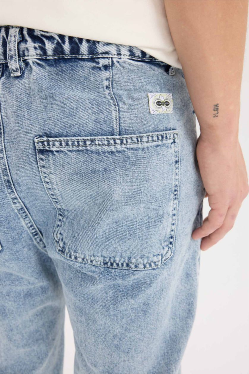 Erkek Açık Mavi %100 Pamuk Relaxed Slouchy Fit Rahat Kesim Geniş Paça Jean Yıkamalı Pantolon