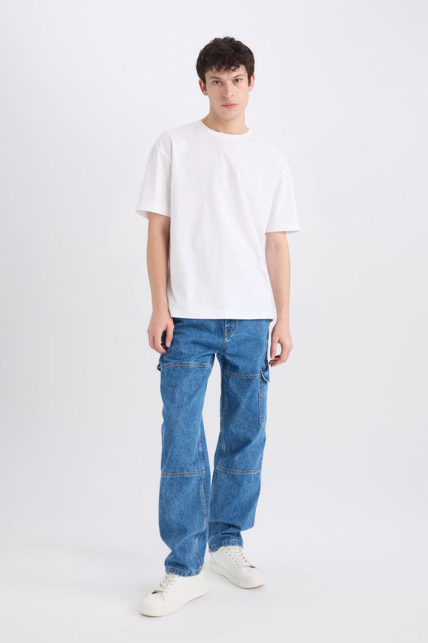 MAN Blue Relax Fit Wide Leg Washed Jeans
