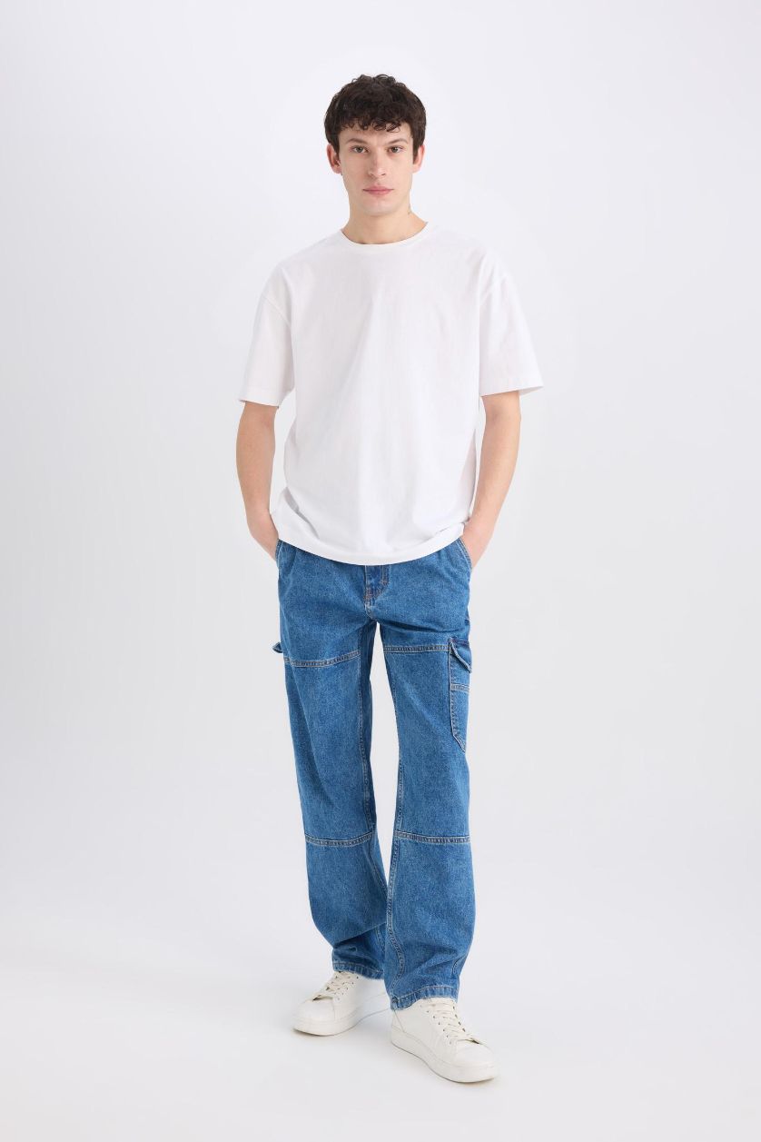 MAN Blue Relax Fit Wide Leg Washed Jeans