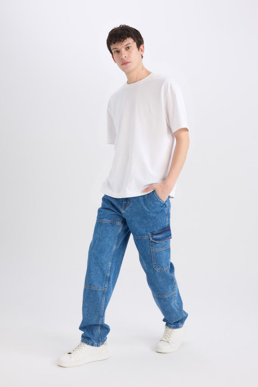 MAN Blue Relax Fit Wide Leg Washed Jeans