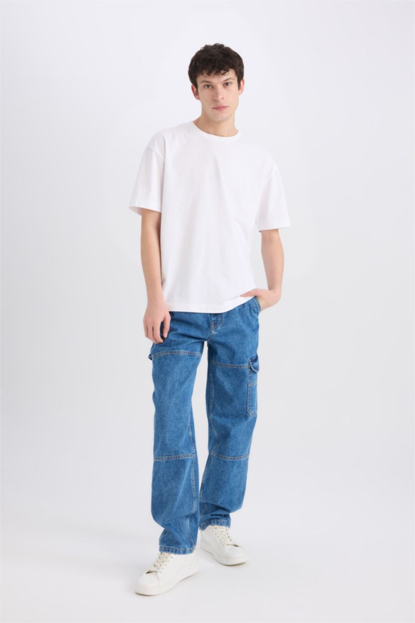 MAN Blue Relax Fit Wide Leg Washed Jeans