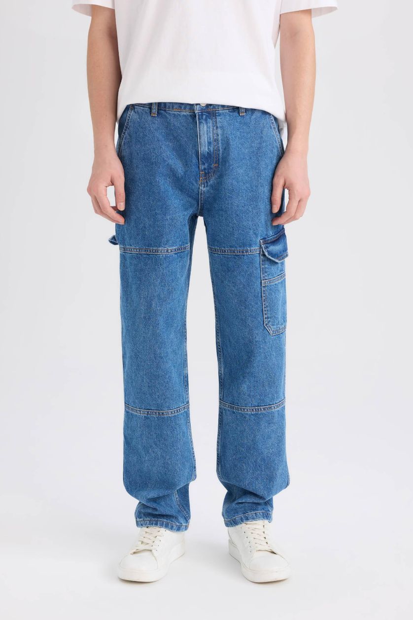 MAN Blue Relax Fit Wide Leg Washed Jeans