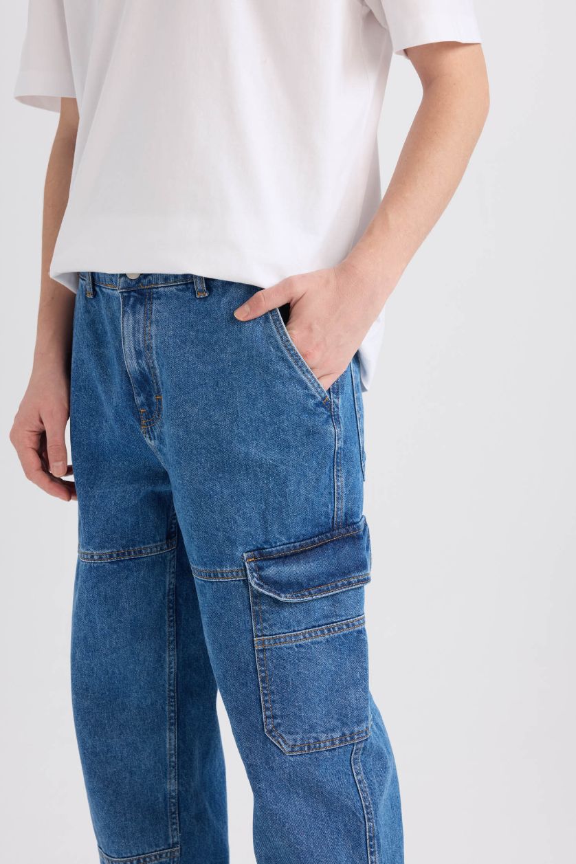 MAN Blue Relax Fit Wide Leg Washed Jeans