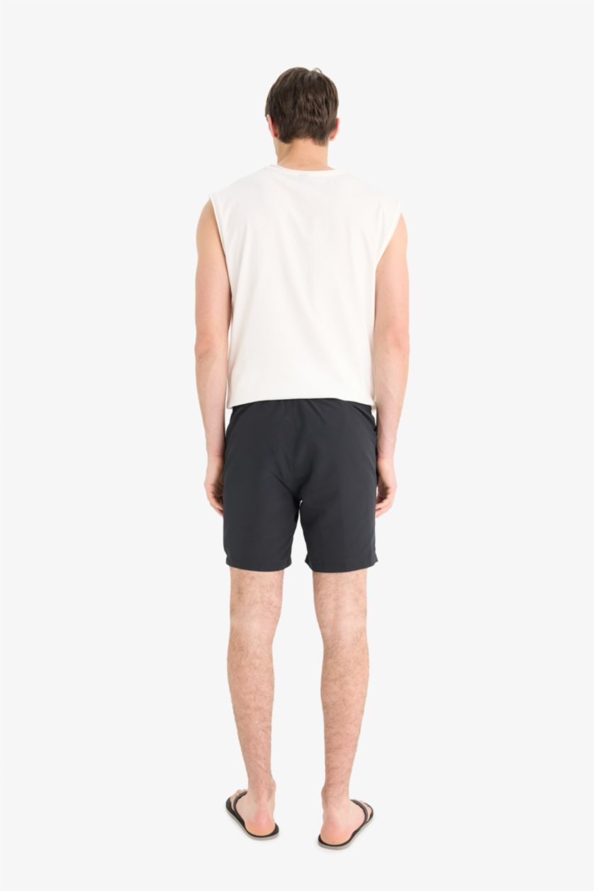 Erkek Siyah Regular Fit File Astarlı Diz Üstü Deniz Şortu