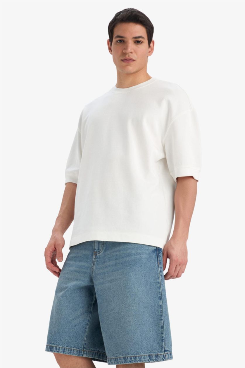 Мужчины Голубрй 100% хлопковые широкие джинсовые бермуды (baggy fit)