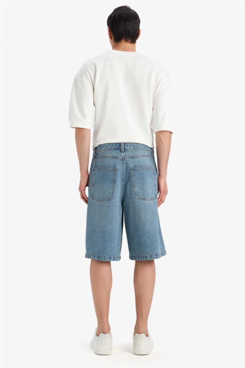 Мужчины Голубрй 100% хлопковые широкие джинсовые бермуды (baggy fit)