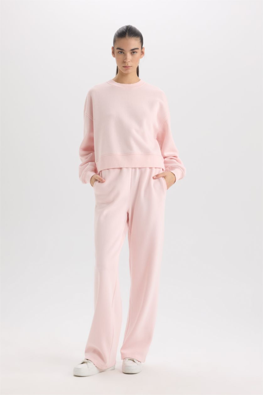 Kadın Açık Pembe Straight Fit Eşofman Altı Standart Boy Basic Düz Cepli Beli Lastikli Geniş Bol Paça