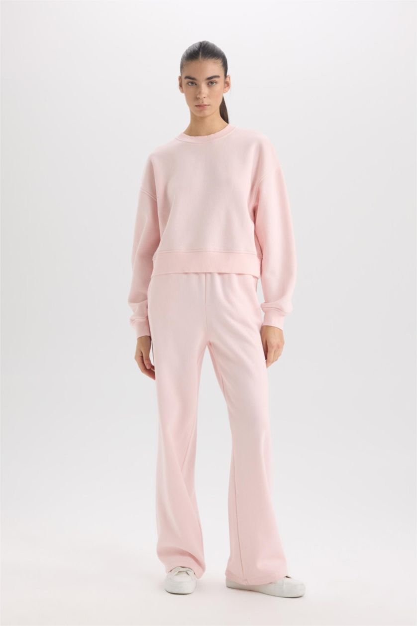 Kadın Açık Pembe Straight Fit Eşofman Altı Standart Boy Basic Düz Cepli Beli Lastikli Geniş Bol Paça