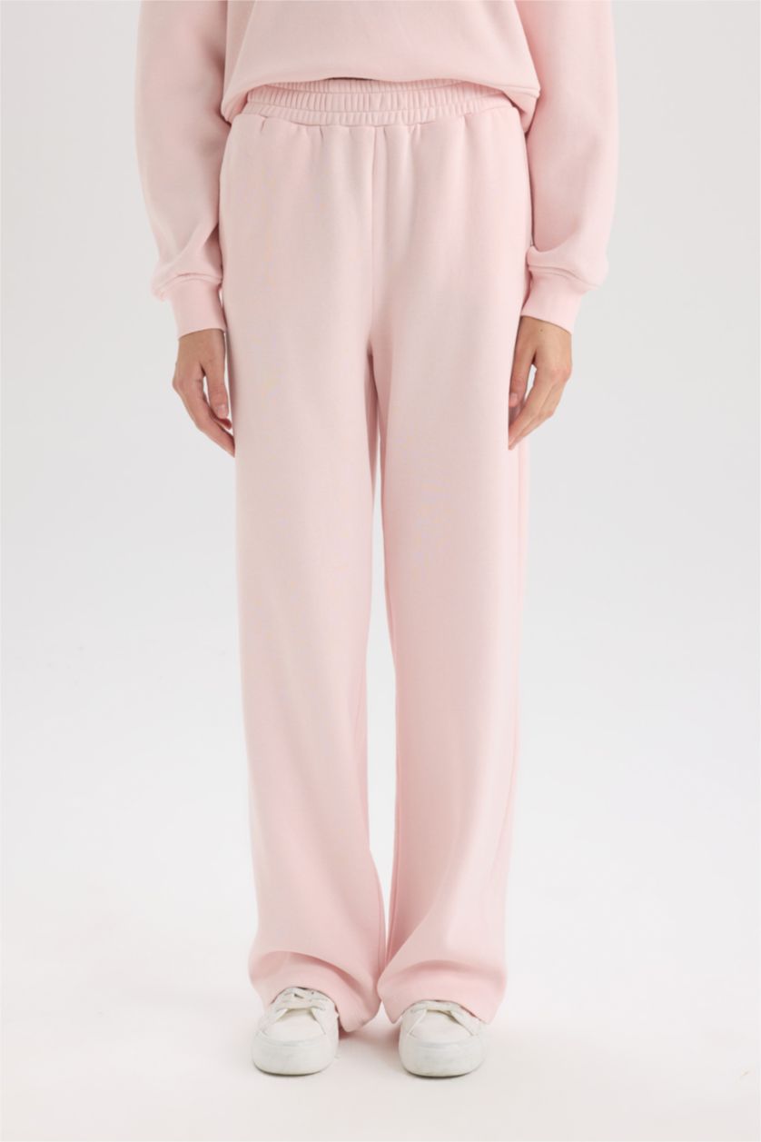 Kadın Açık Pembe Straight Fit Eşofman Altı Standart Boy Basic Düz Cepli Beli Lastikli Geniş Bol Paça