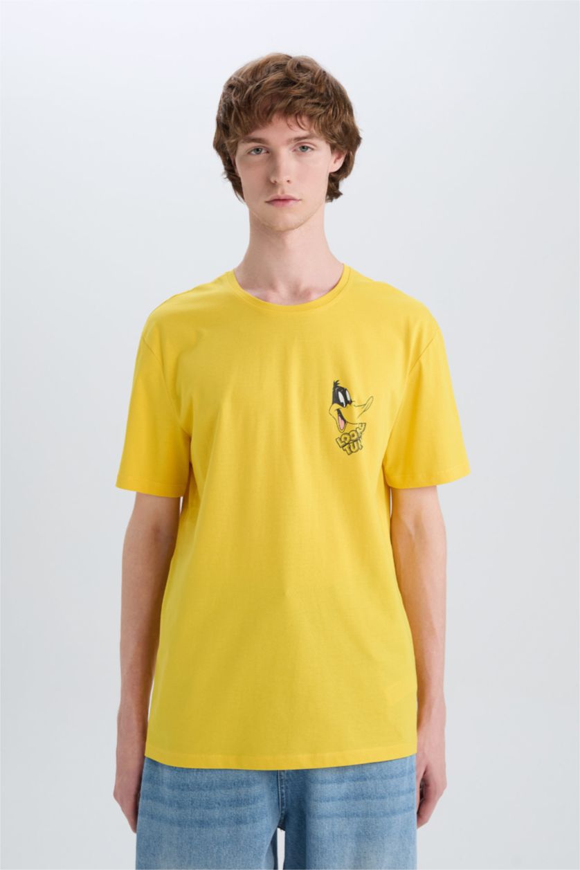 HOMME Jaune T-shirt en coton imprimé Looney Tunes à manches courtes et col rond