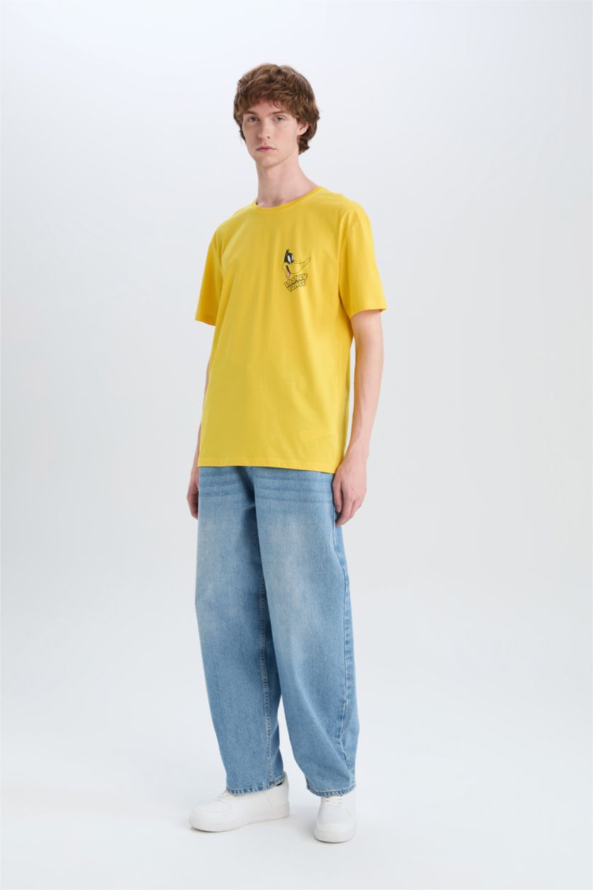 HOMME Jaune T-shirt en coton imprimé Looney Tunes à manches courtes et col rond