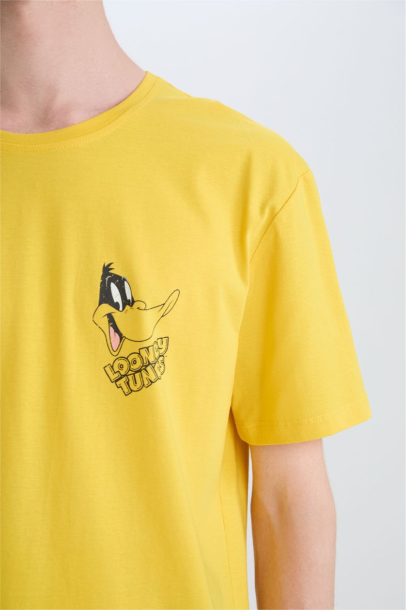 HOMME Jaune T-shirt en coton imprimé Looney Tunes à manches courtes et col rond