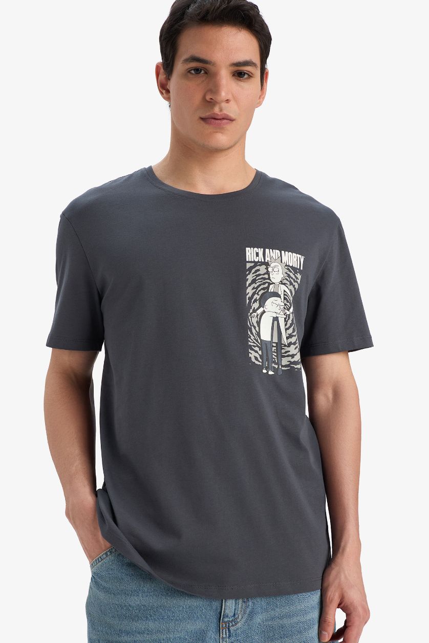 Erkek Antrasit %100 Pamuk Rick and Morty Regular Fit Bisiklet Yaka Kısa Kollu Tişört
