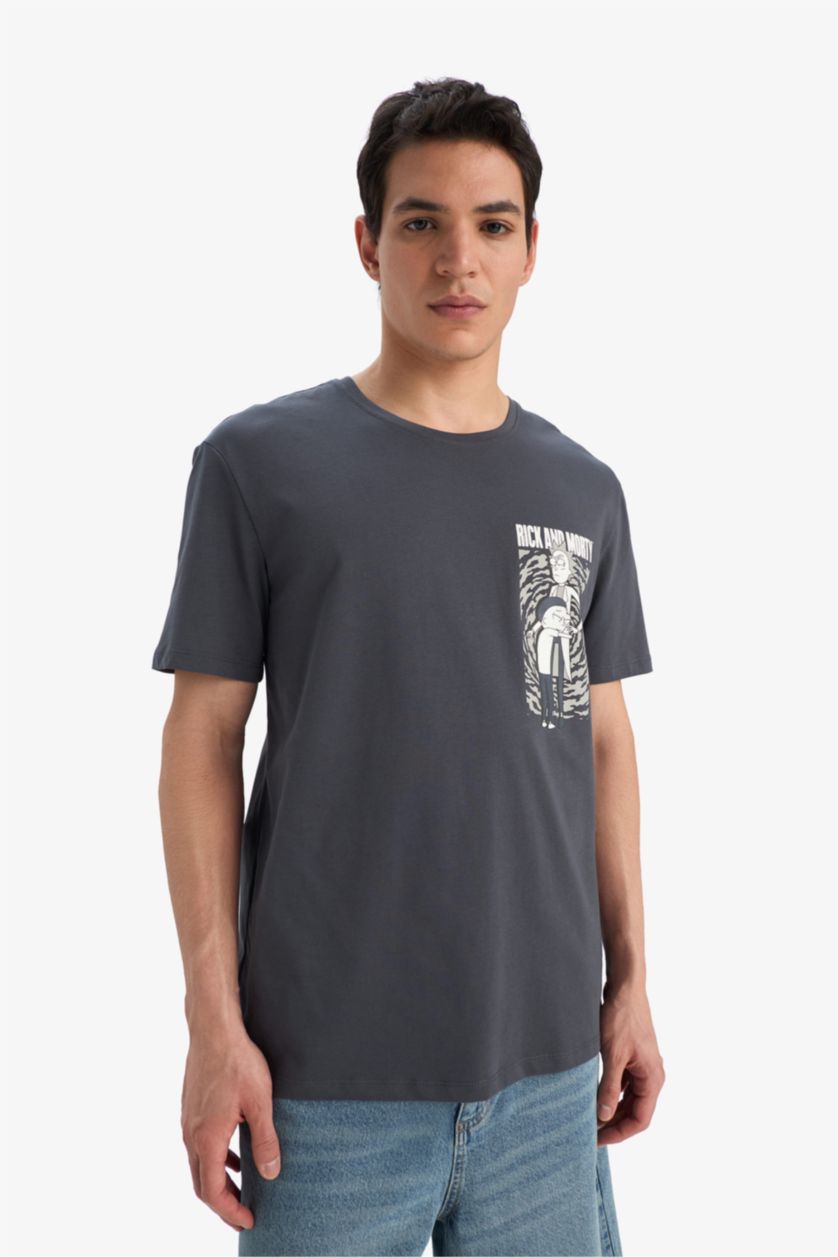 Erkek Antrasit %100 Pamuk Rick and Morty Regular Fit Bisiklet Yaka Kısa Kollu Tişört