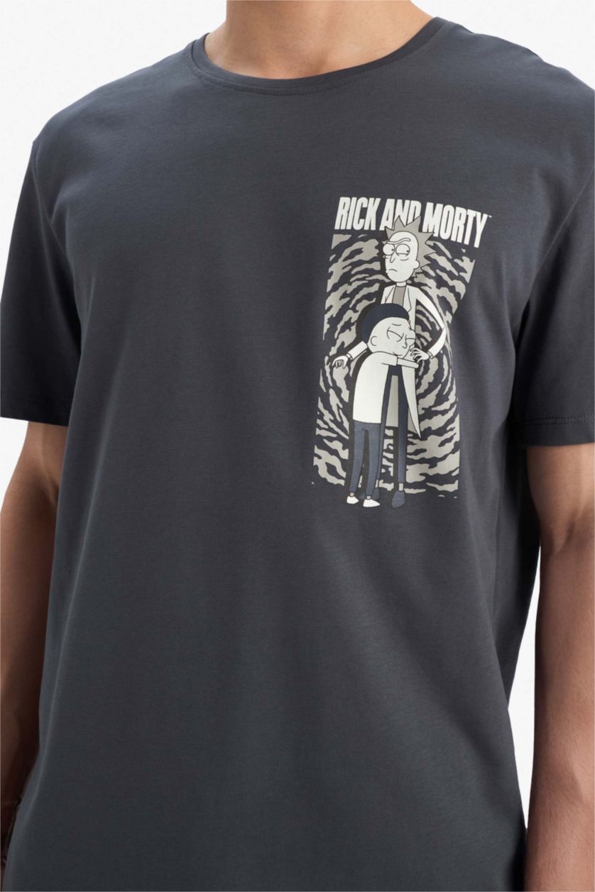 Erkek Antrasit %100 Pamuk Rick and Morty Regular Fit Bisiklet Yaka Kısa Kollu Tişört