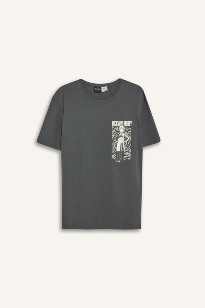 Erkek Antrasit %100 Pamuk Rick and Morty Regular Fit Bisiklet Yaka Kısa Kollu Tişört