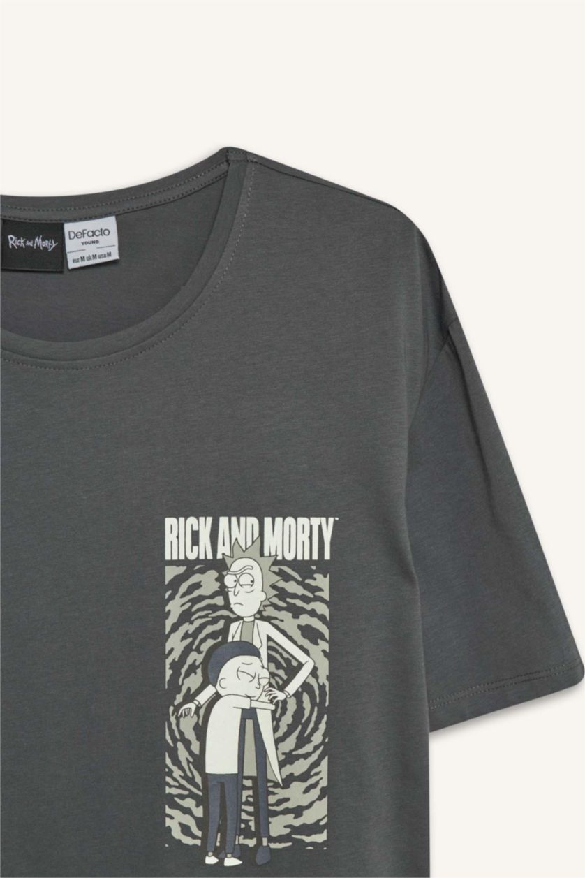 Erkek Antrasit %100 Pamuk Rick and Morty Regular Fit Bisiklet Yaka Kısa Kollu Tişört