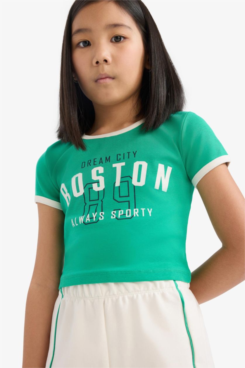 Kız Çocuk - Genç Kız Yeşil 2'li Takım Fitilli Kaşkorse Baskılı Kısa Kollu Tişört Beli Lastikli Şort Kız Çocuk