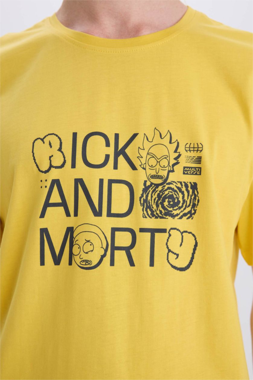 Erkek Sarı %100 Pamuk Rick and Morty Regular Fit Bisiklet Yaka Kısa Kollu Tişört