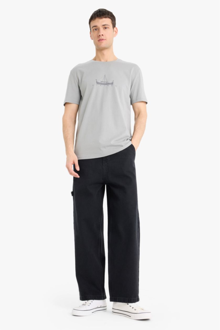 Erkek Gri %100 Pamuk Vikings Regular Fit Bisiklet Yaka Kısa Kollu Tişört