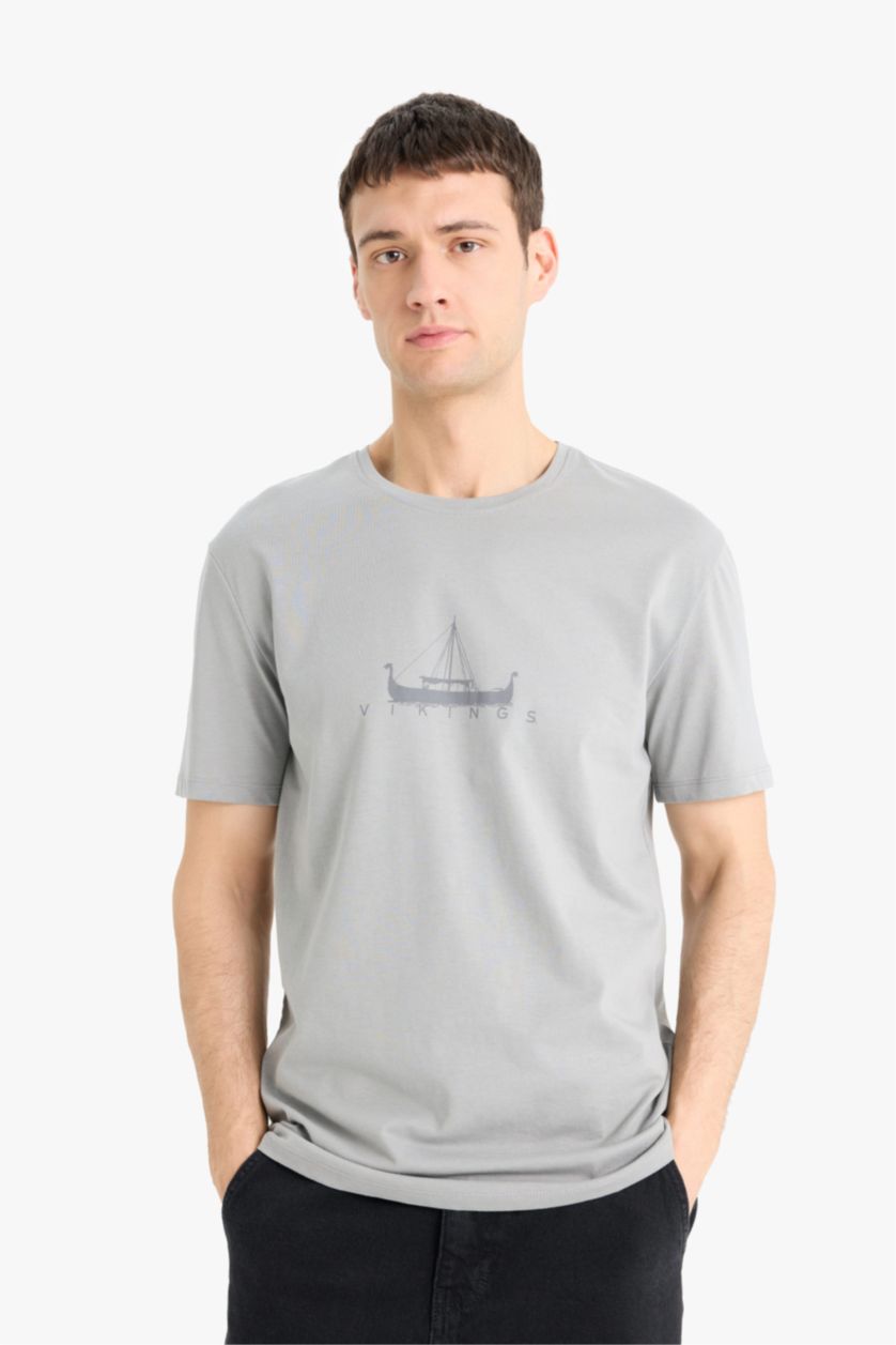 Erkek Gri %100 Pamuk Vikings Regular Fit Bisiklet Yaka Kısa Kollu Tişört