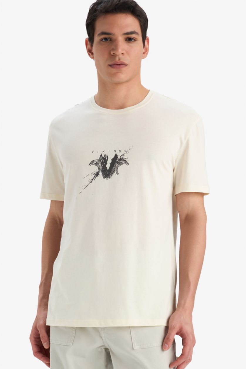 Erkek Taş %100 Pamuk Vikings Regular Fit Bisiklet Yaka Kısa Kollu Tişört