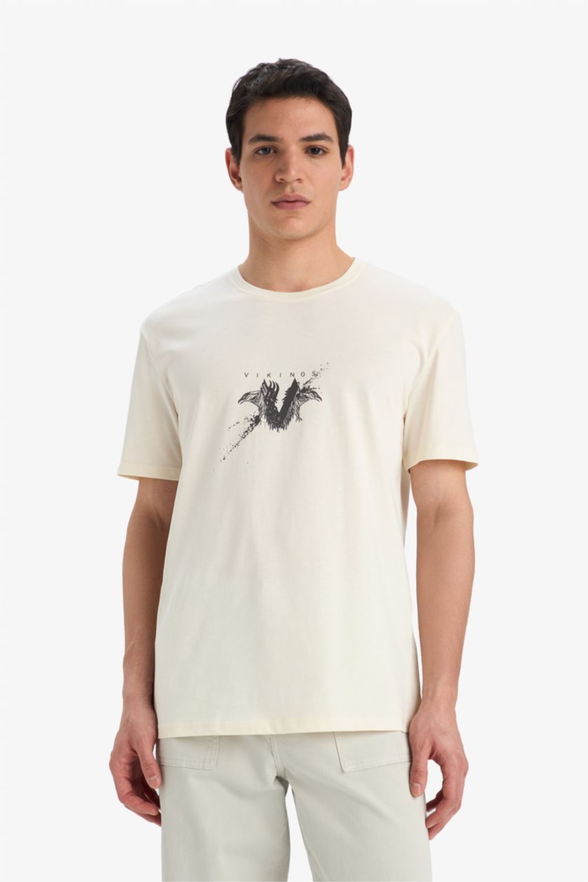 Erkek Taş %100 Pamuk Vikings Regular Fit Bisiklet Yaka Kısa Kollu Tişört