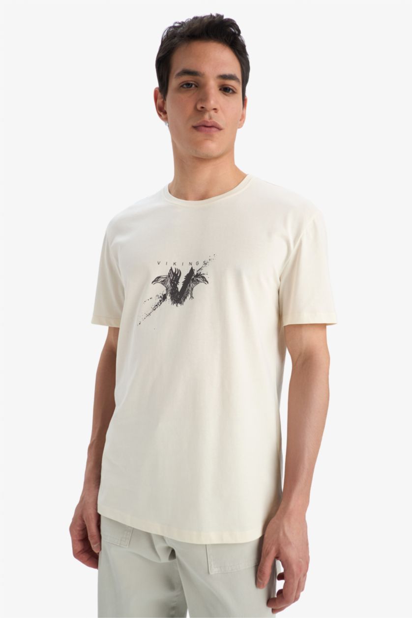 Erkek Taş %100 Pamuk Vikings Regular Fit Bisiklet Yaka Kısa Kollu Tişört