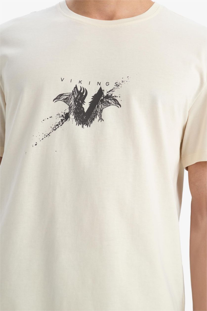 Erkek Taş %100 Pamuk Vikings Regular Fit Bisiklet Yaka Kısa Kollu Tişört