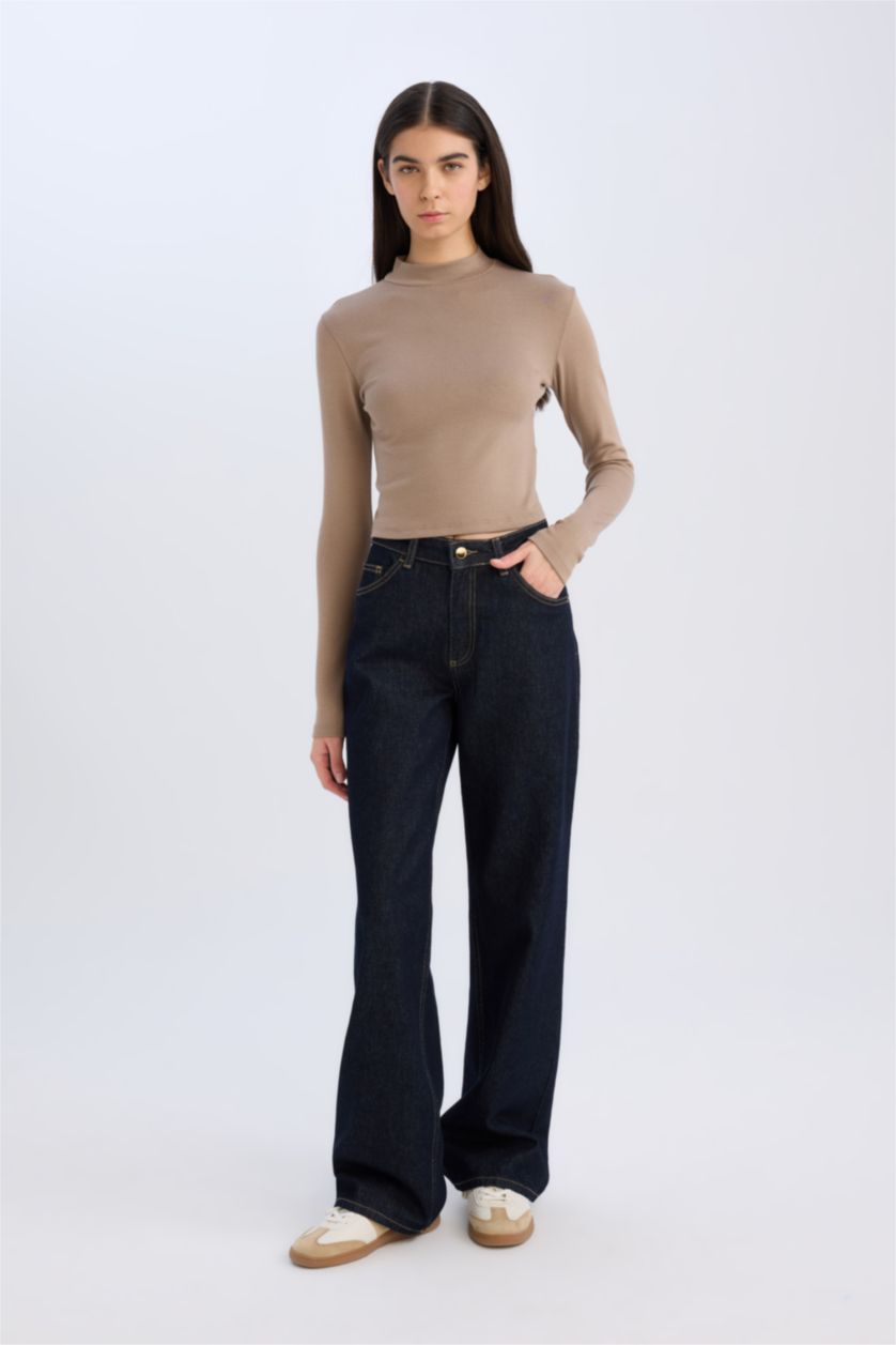 Kadın Vizon Slim Fit Dar Kesim Yarım Balıkçı Yaka Modal Uzun Kollu Tişört