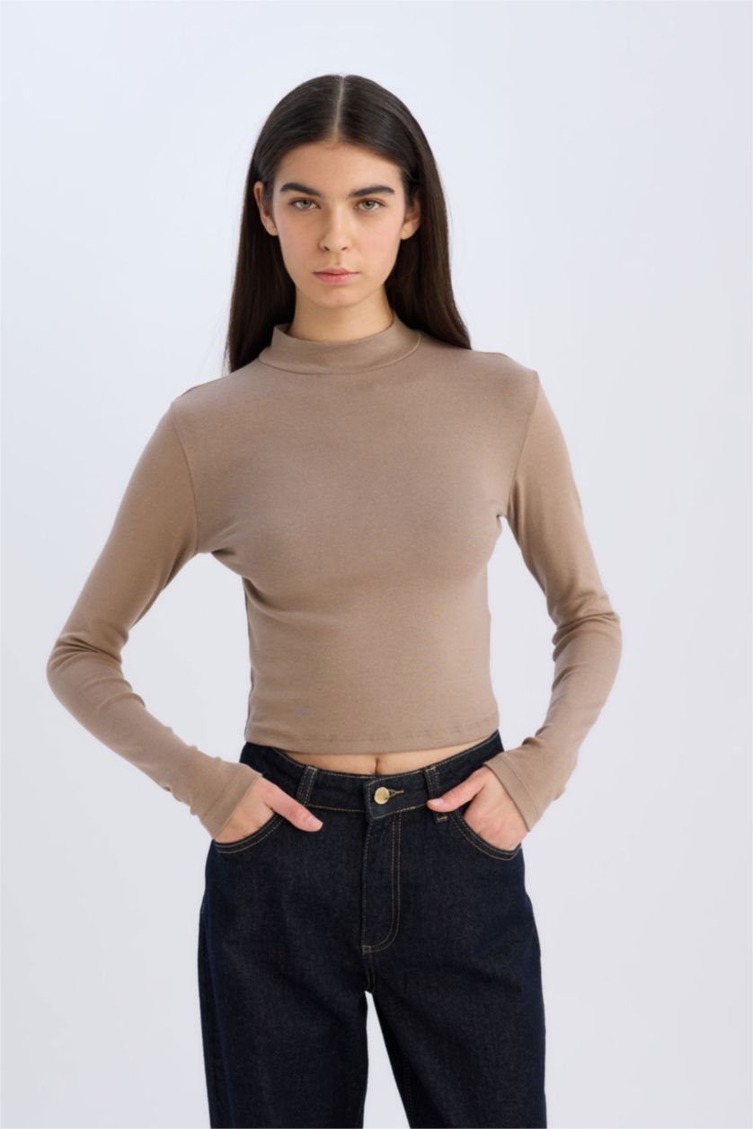 Kadın Vizon Slim Fit Dar Kesim Yarım Balıkçı Yaka Modal Uzun Kollu Tişört