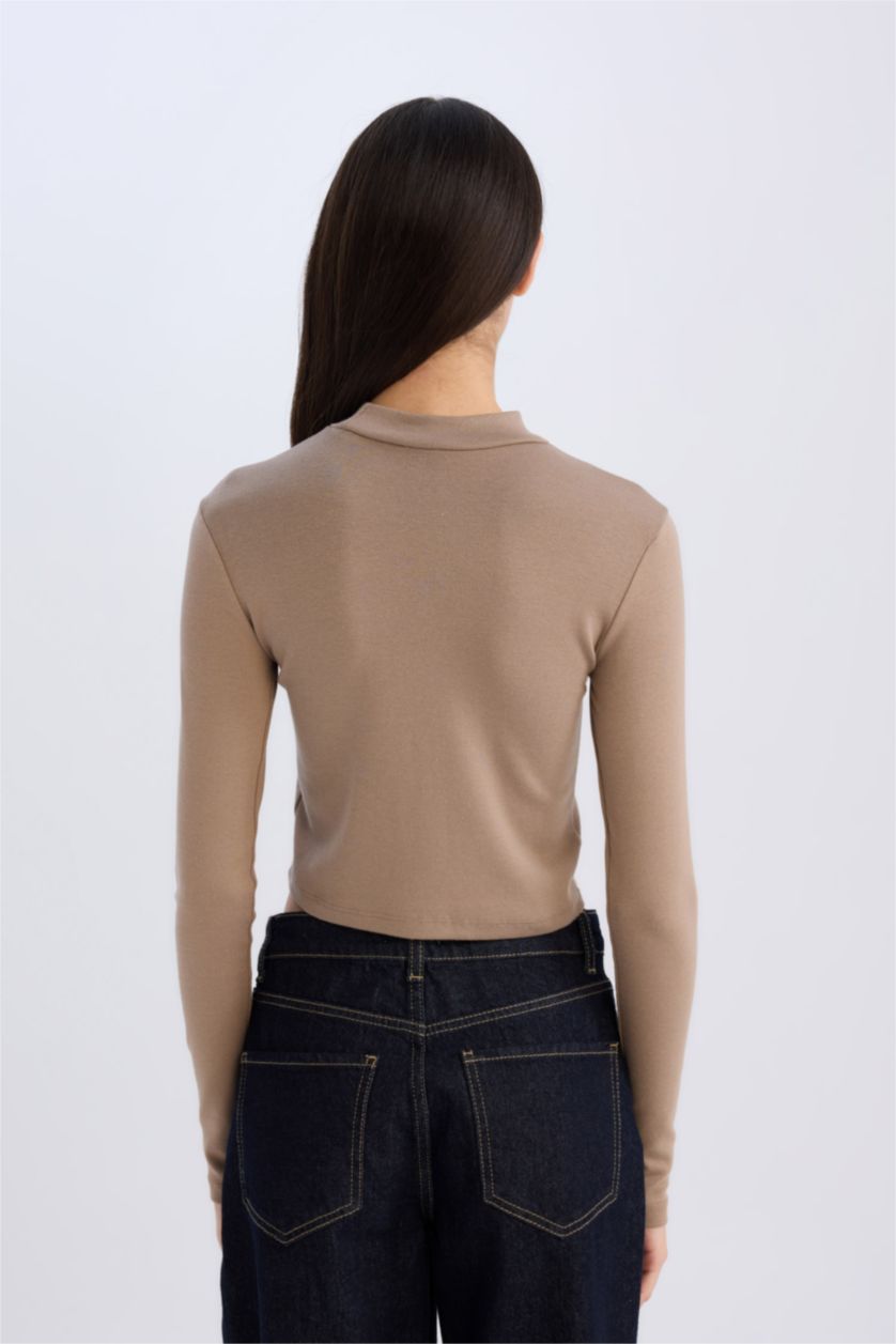 Kadın Vizon Slim Fit Dar Kesim Yarım Balıkçı Yaka Modal Uzun Kollu Tişört