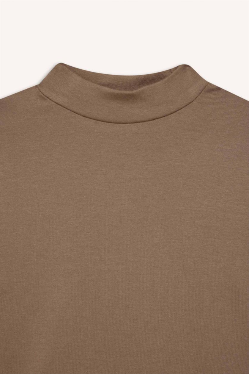 Kadın Vizon Slim Fit Dar Kesim Yarım Balıkçı Yaka Modal Uzun Kollu Tişört